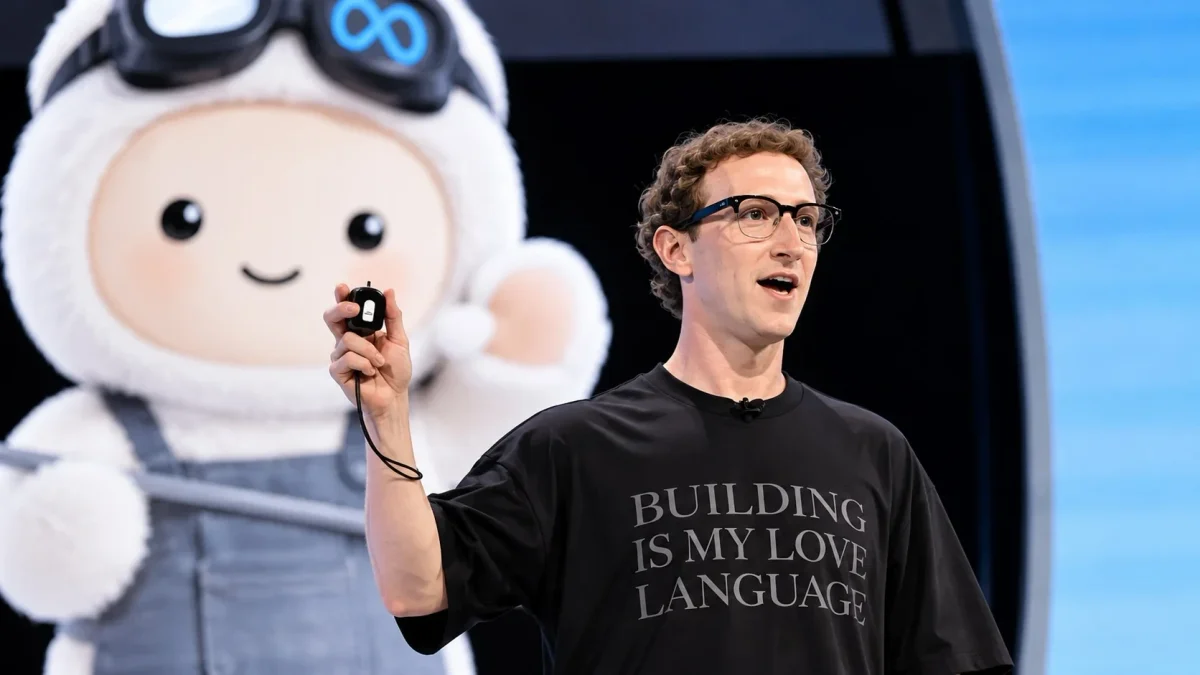 Meta Muse Wonder, modelo de IA da Meta: Homem de óculos e camiseta preta falando em palco, segurando um pequeno objeto, com um boneco branco fofinho ao lado.