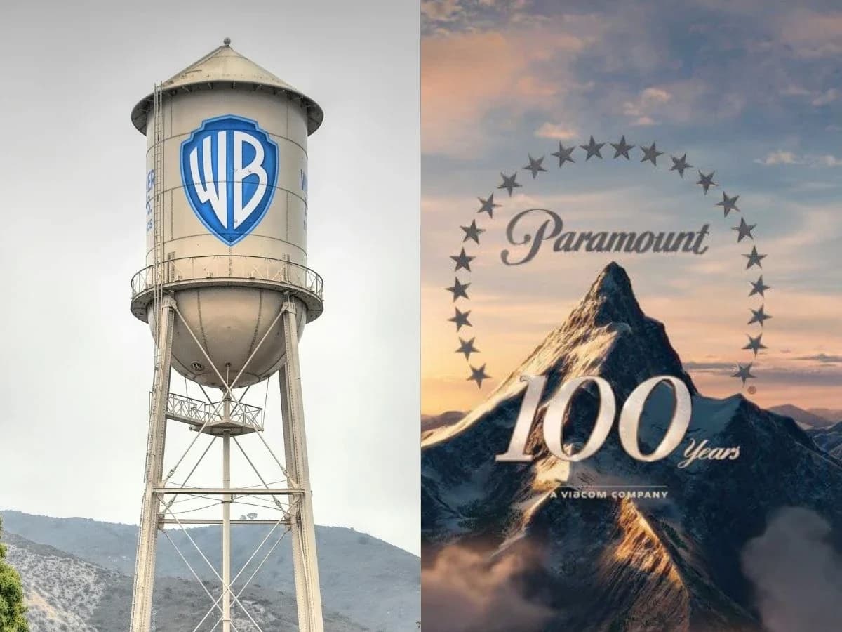 Skydance fusão Paramount e Warner Bros. Discovery: Colagem com a caixa-d'água com escudo WB à esquerda e a montanha da Paramount com selo de 100 anos à direita