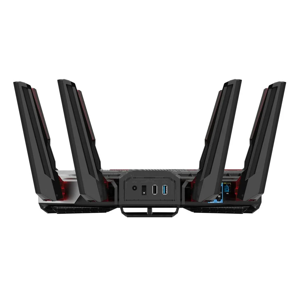 Asus ROG Rapture GT-BN98: Roteador gamer preto com detalhes em vermelho, visto por trás, com quatro antenas grandes abertas e portas de energia e USB visíveis,