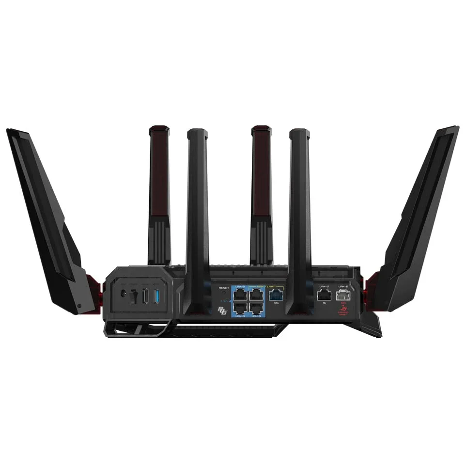 Asus ROG Rapture GT-BN98: Render do verso de roteador gamer preto com antenas e painel de portas Ethernet e USB, em fundo branco