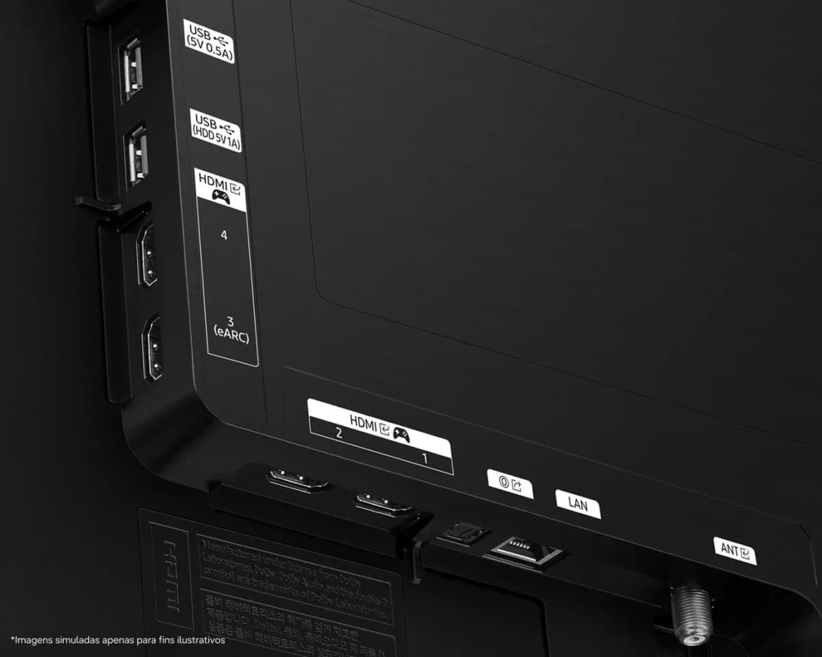 Samsung Smart TV da Samsung com inteligência artificial: Close da parte traseira da TV preta, com entradas USB, HDMI, LAN e antena, em fundo escuro.