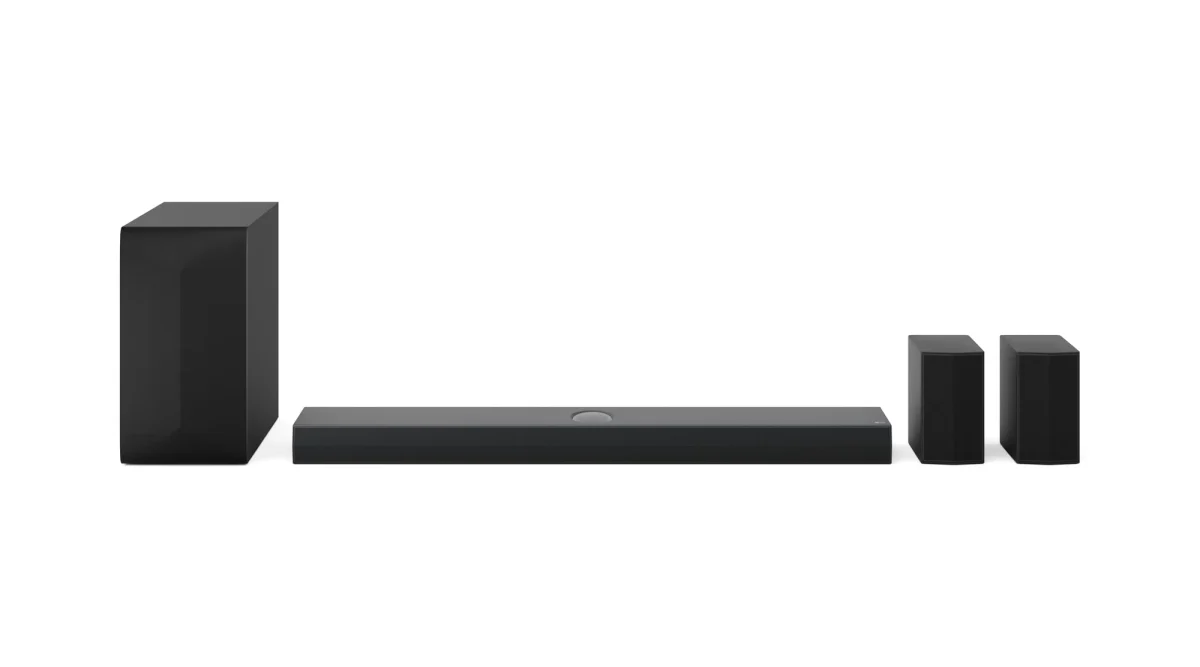 LG soundbar com canais de altura, como 11.1.4: barra de som horizontal, subwoofer à esquerda e dois alto-falantes traseiros à direita.