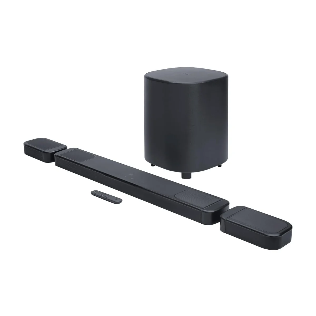LG soundbar com canais de altura, como 11.1.4: barra de som longa, subwoofer com alto-falante e dois satélites traseiros.