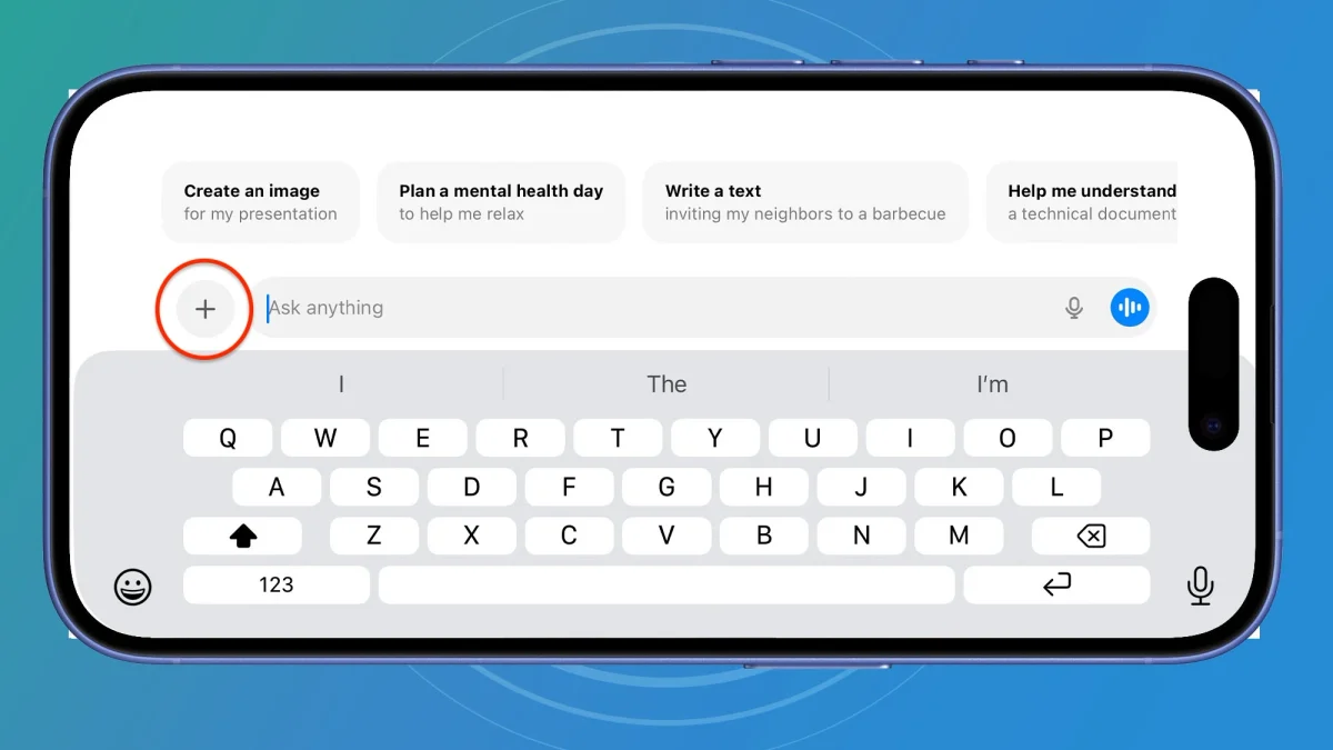 OpenAI ChatGPT: Render de smartphone com tela exibindo opções de tarefas ChatGPT e teclado ativo em fundo azul gradiente
