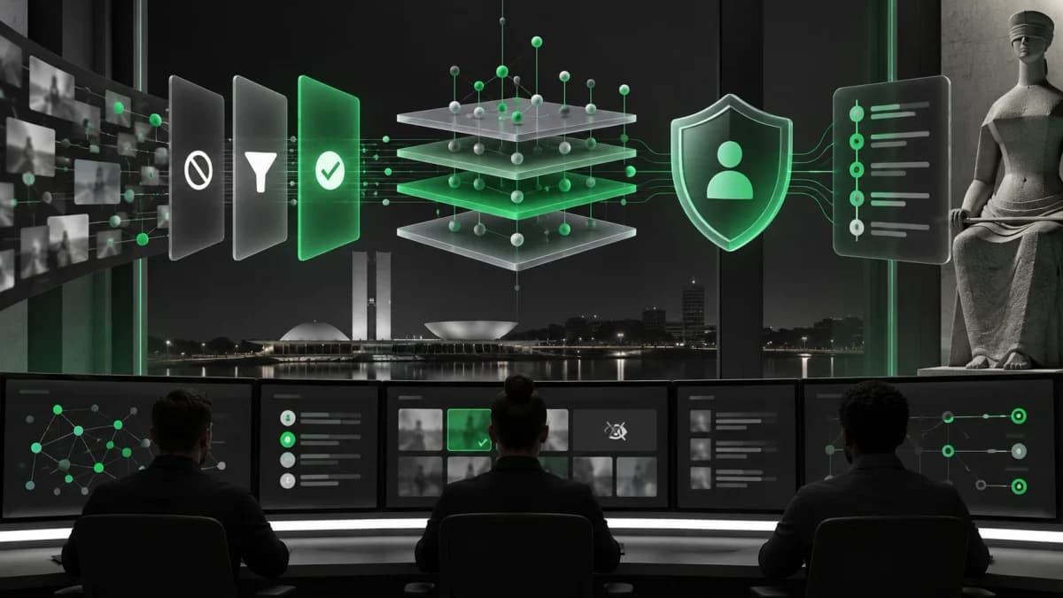 ANPD Marco Civil da Internet, regulamentação das plataformas pela ANPD: Ilustração de centro de controle com telas em verde e preto, escudo com pessoa, prédios