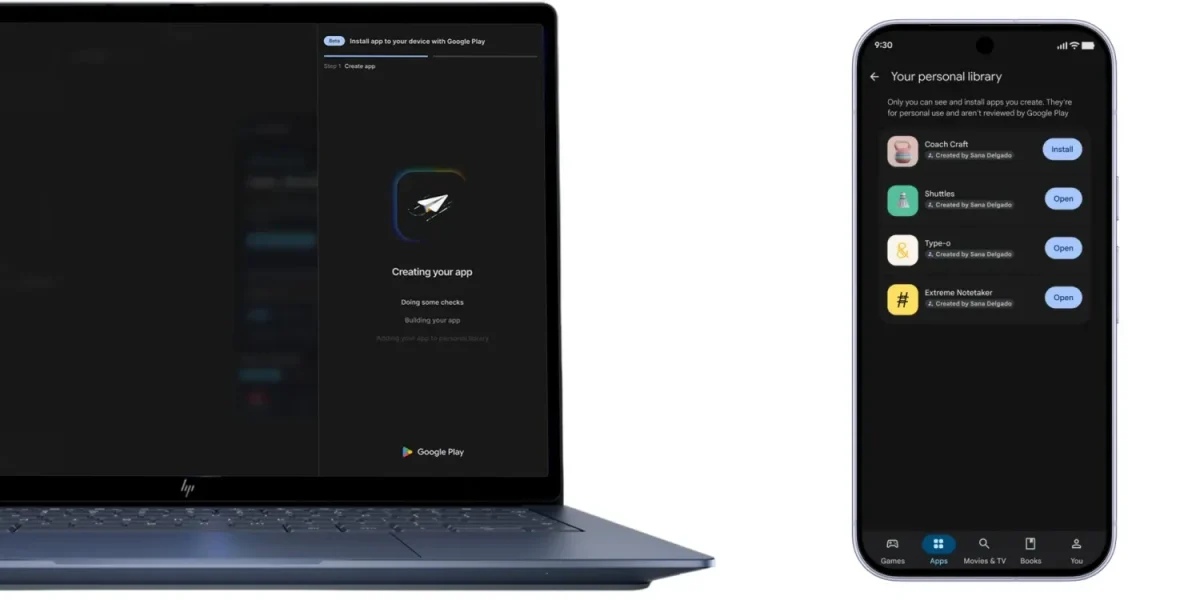 HP Google Play Store apps criados com IA no AI Studio: Notebook cinza-azulado à esquerda com tela escura de instalação e celular à direita mostrando a bibliotec