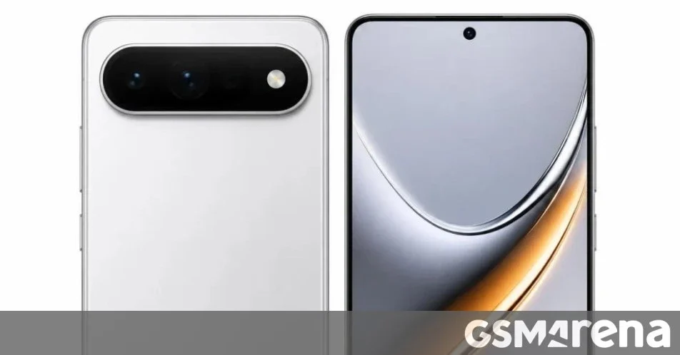 Xiaomi Redmi Turbo 6 Max: Celular branco de costas e de frente lado a lado, com câmera oval na traseira e tela curva prateada, com faixa do site na parte inferi