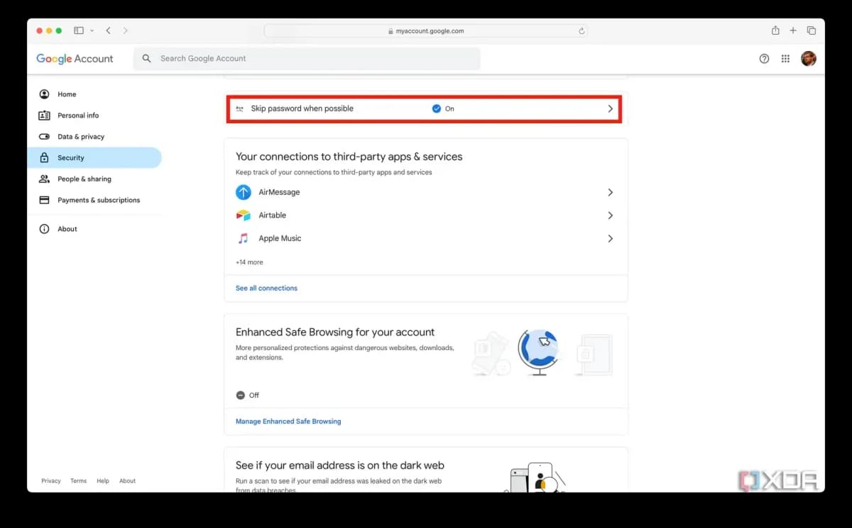 Google Passkey (chave de acesso) da Conta do Google: Página de segurança da Conta Google em navegador, com a opção Skip password when possible destacada em verm