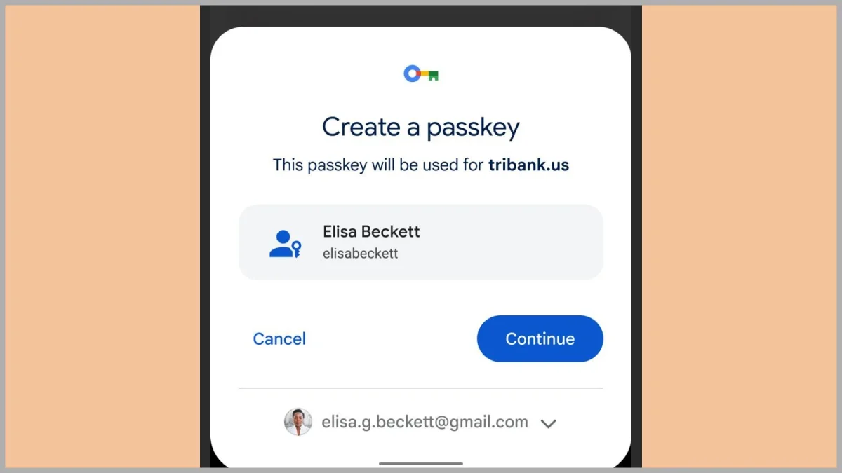 Passkey (chave de acesso) da Conta do Google: Tela de celular com a janela Create a passkey para tribank.us, mostrando a conta de e-mail e botão Continue, sobre