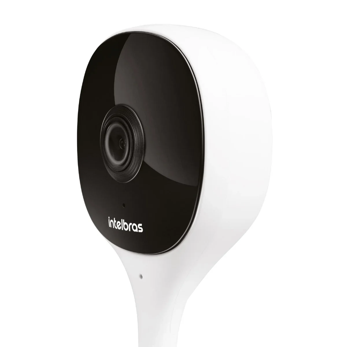 Intelbras câmera de segurança: Câmera branca com frente preta e lente, vista em três quartos, fundo branco
