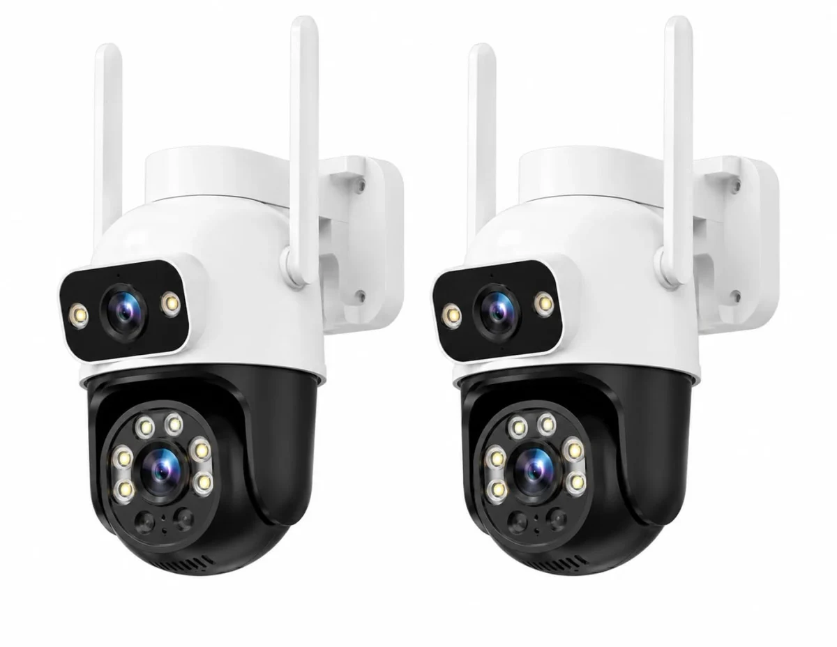 câmera de segurança: Duas câmeras externas brancas com antenas e lentes pretas, vista de frente, fundo branco
