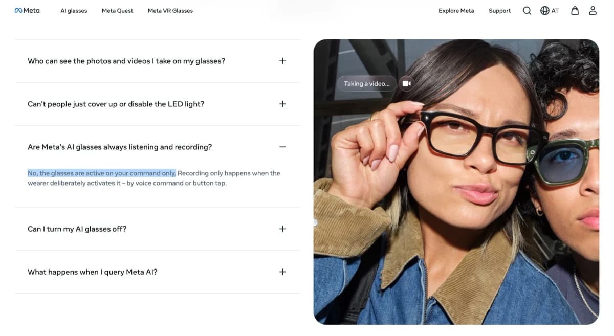 Ray-Ban Meta Gen 2: Captura de página de FAQ da Meta com foto de duas pessoas usando óculos, uma de armação preta e outra de armação verde; aparece aviso de gra