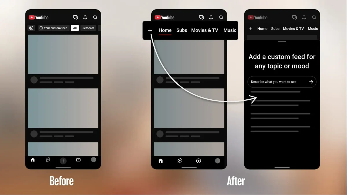 YouTube Aba Inscrições e feeds personalizados do YouTube: Comparação em três telas do app do YouTube, antes e depois, mostrando a barra de feeds personalizados