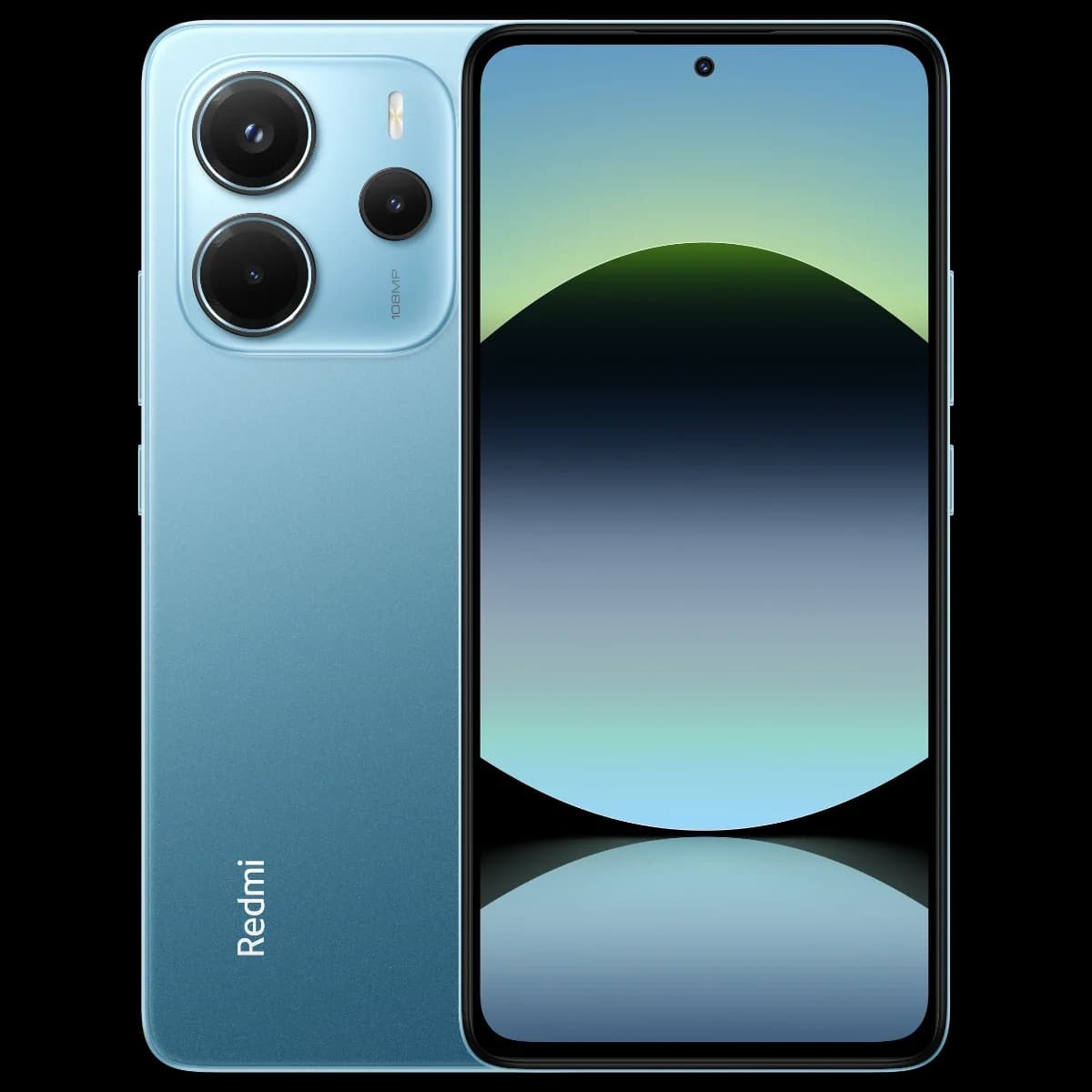 Redmi roteador móvel do celular (ponto de acesso): Smartphone azul claro de frente e de costas, com tela ligada e câmeras traseiras, em fundo cinza claro.