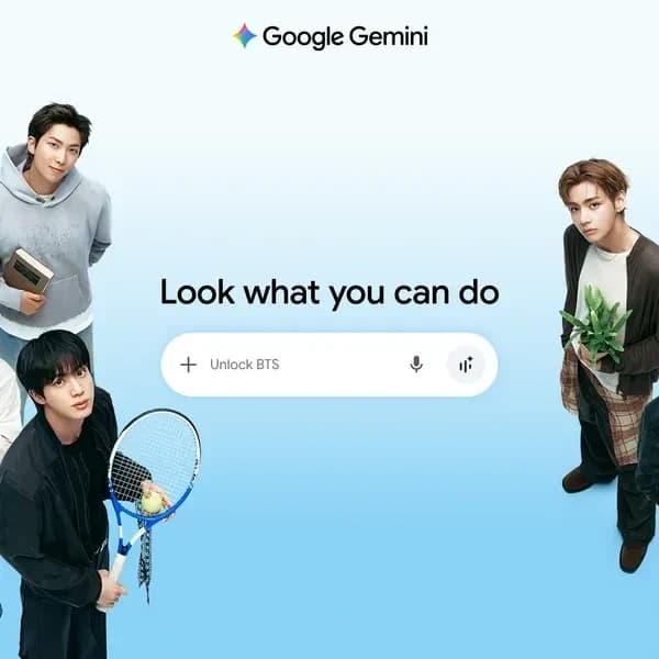 Google Gemini: Logo do Google Gemini no topo sobre fundo azul claro, com campo de busca 'Unlock BTS' e quatro pessoas nas laterais.