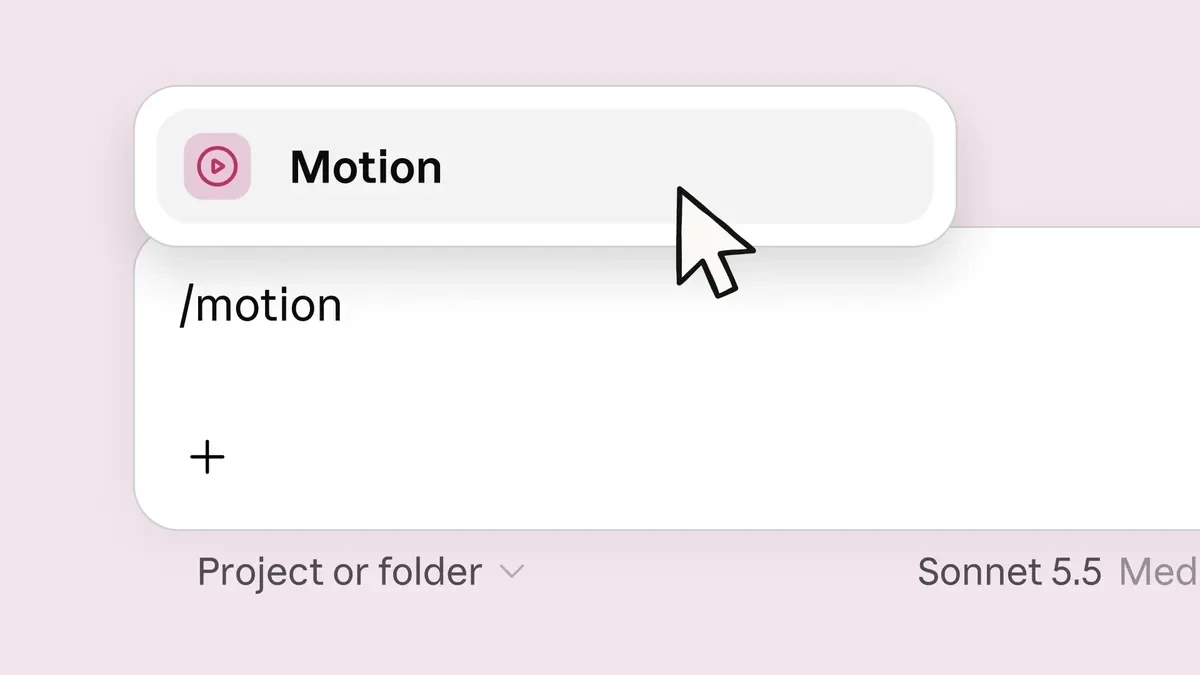 Anthropic Claude Motion: Recorte de tela em fundo rosa com a opção Motion em destaque no menu, digitada como /motion, e cursor de seta sobre ela.