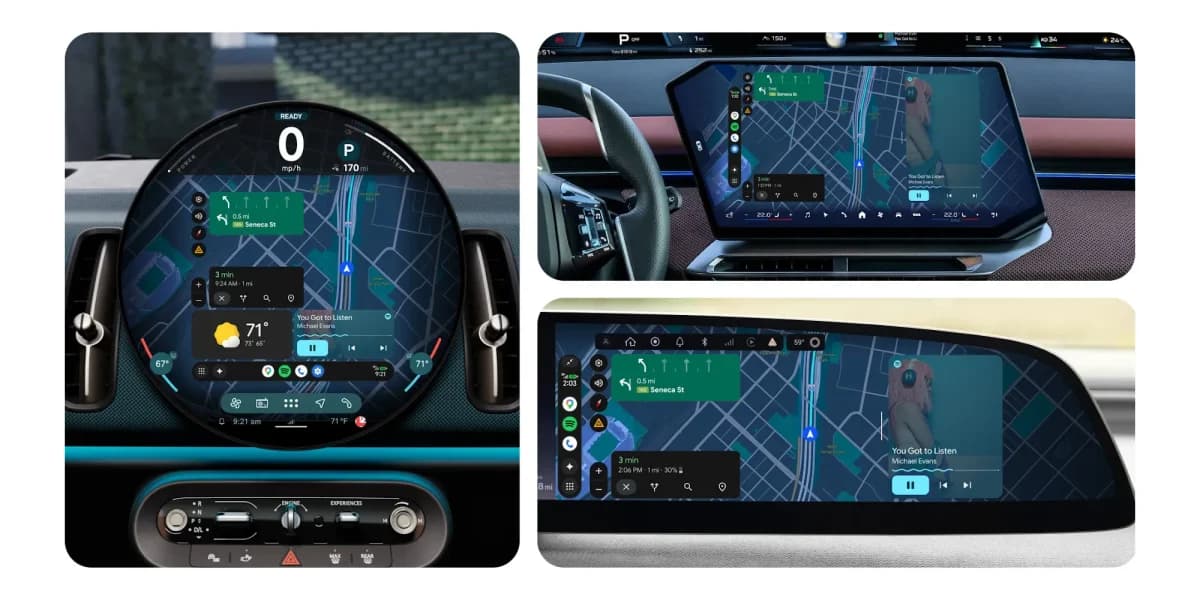 Google Android Auto, interface do carro: mapa, navegação e controles de mídia, em tons escuros e verdes.