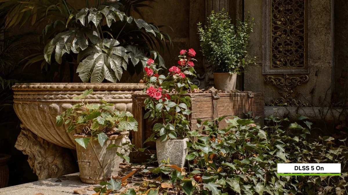 Nvidia DLSS 5, tecnologia de renderização neural da Nvidia: Foto de jardim com vaso de pedra, roseiras vermelhas e hera, com a legenda DLSS 5 On.