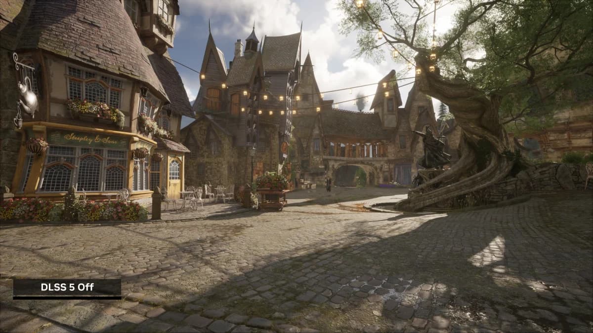 Nvidia DLSS 5, tecnologia de renderização neural da Nvidia: Captura de jogo de uma praça medieval com calçamento de pedra e prédios de madeira, com a legenda DL