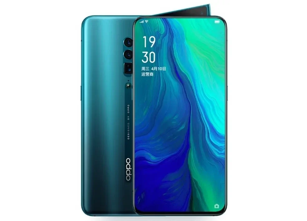Oppo Reno X: Smartphone verde-azulado de frente e de costas lado a lado, com tela exibindo hora e tela curva, sobre fundo branco.