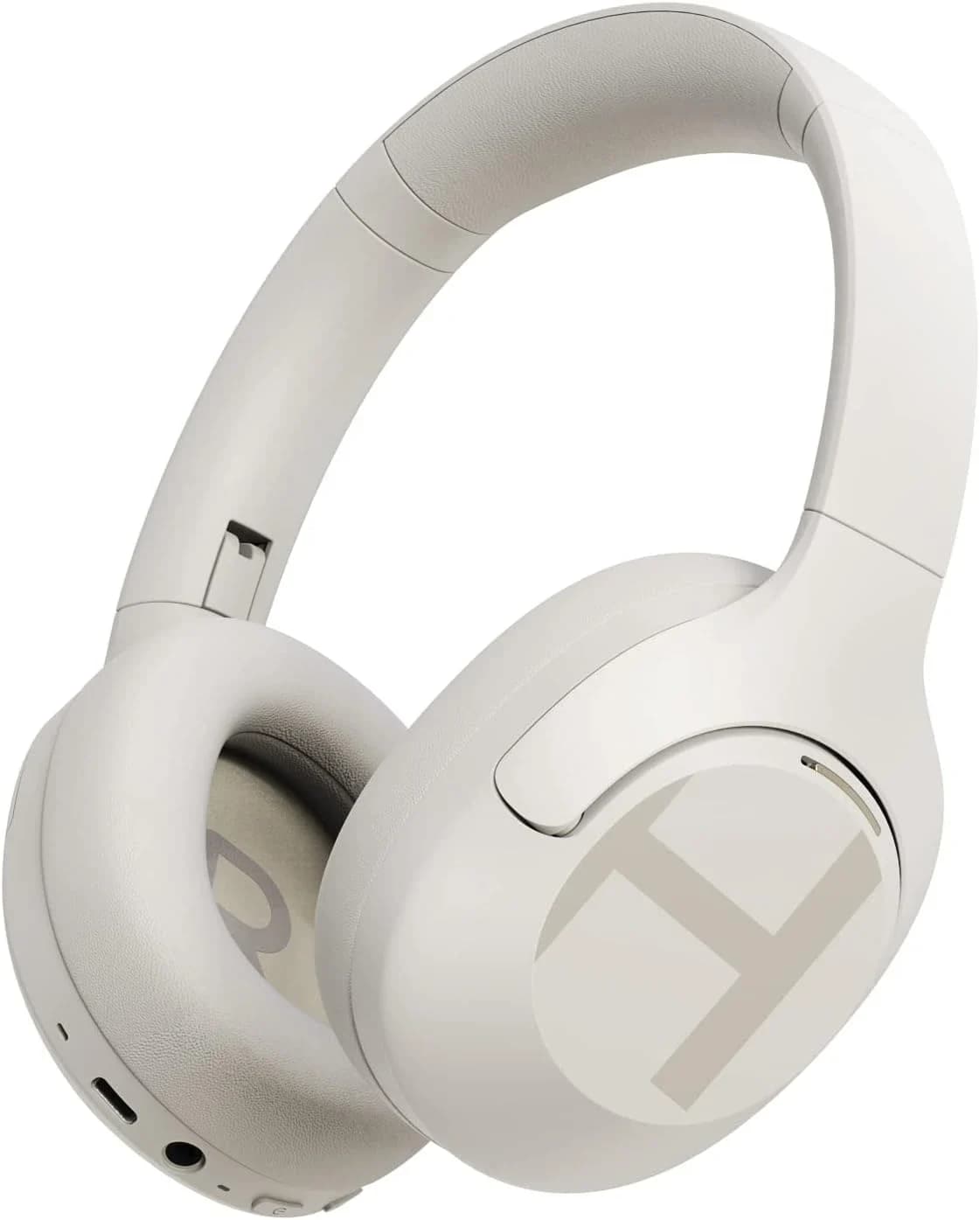cancelamento de ruído ativo e passivo em fones de ouvido: Fone over-ear branco com almofadas de couro sintético, vista em três quartos, em fundo branco.