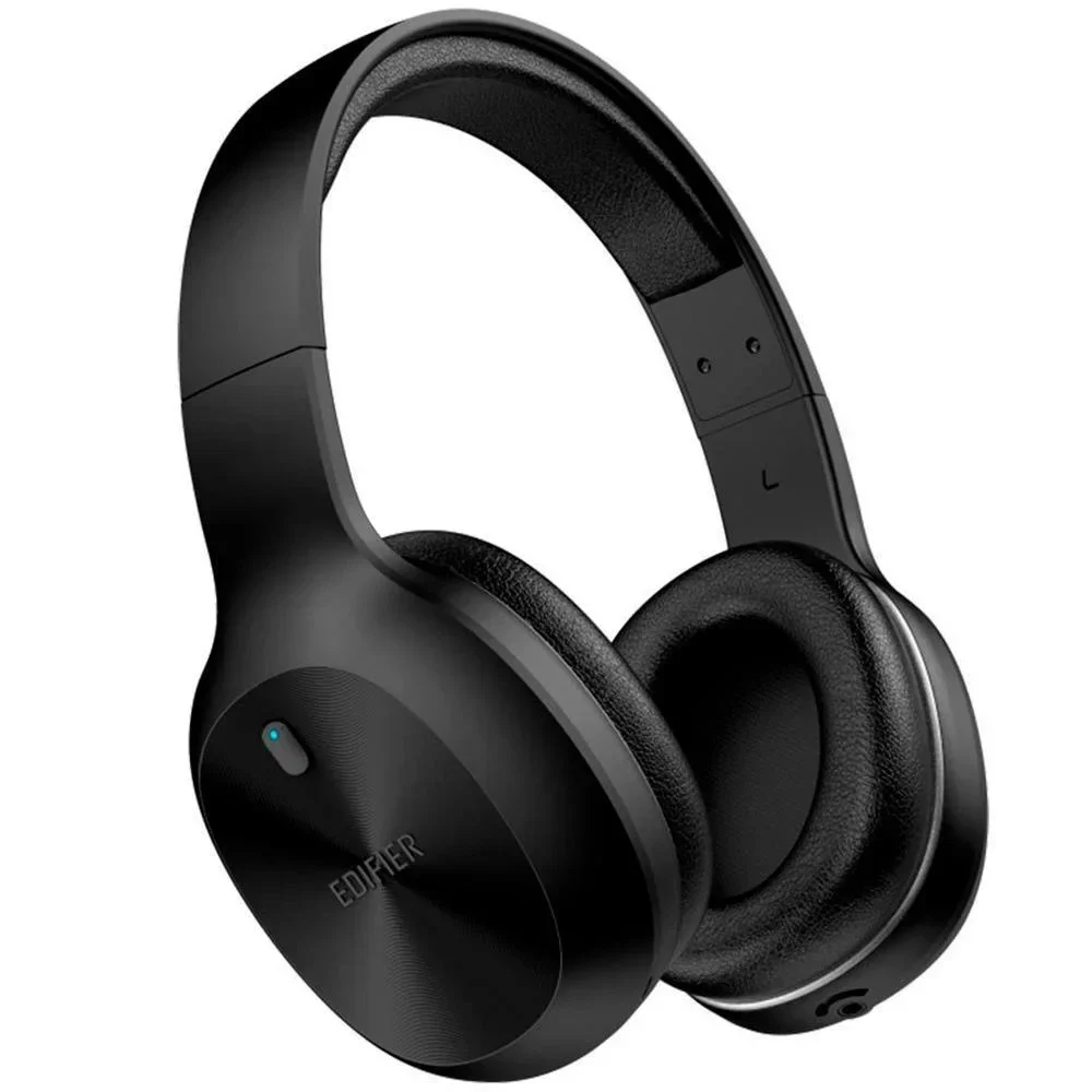 Edifier cancelamento de ruído ativo e passivo em fones de ouvido: Fone over-ear preto com almofadas de couro sintético e luz indicadora azul, vista em três quar