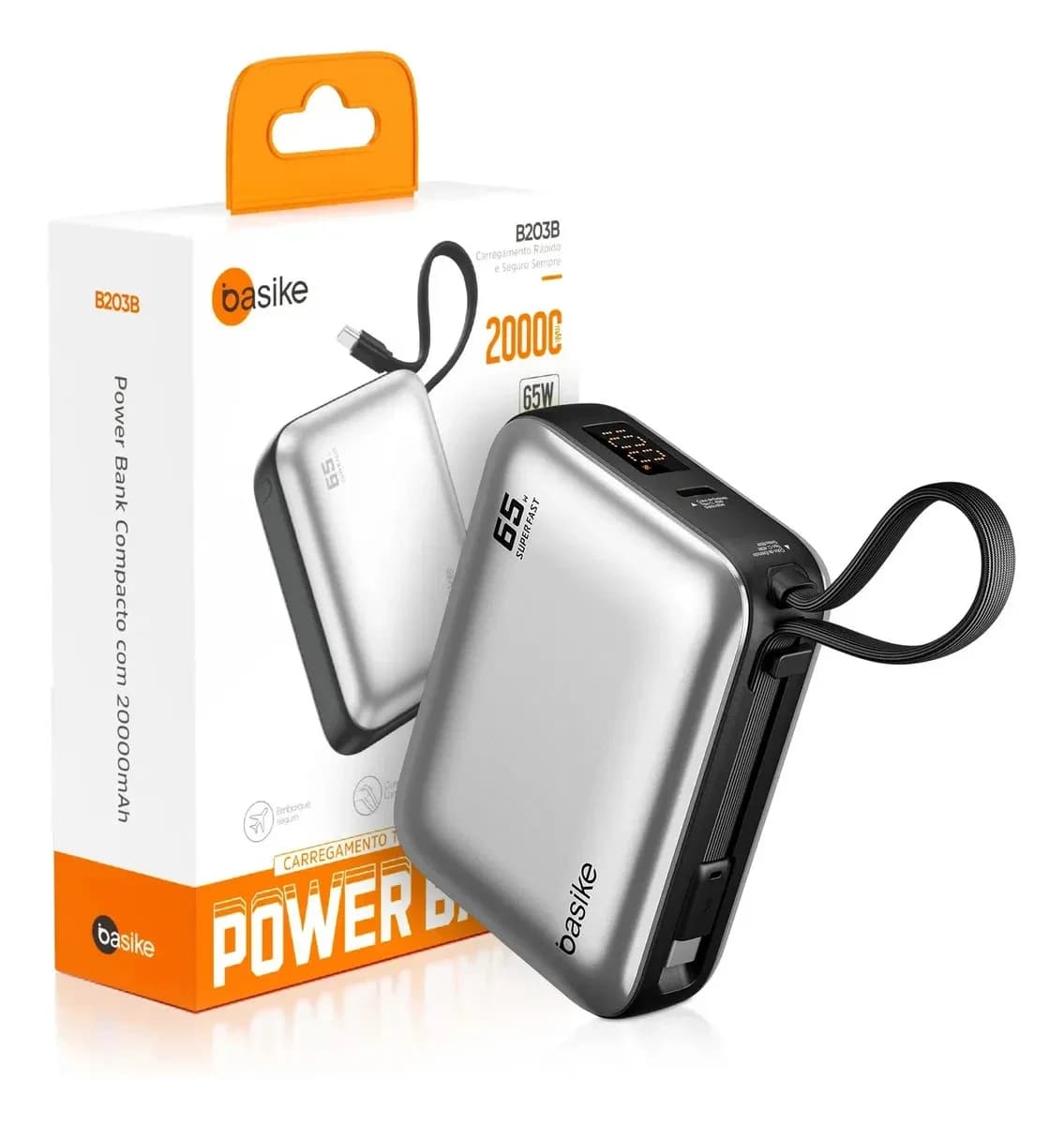basike Power bank com USB-C para celular e notebook: Power bank compacto prateado com cabo USB-C retrátil e display digital, ao lado da embalagem laranja e bran