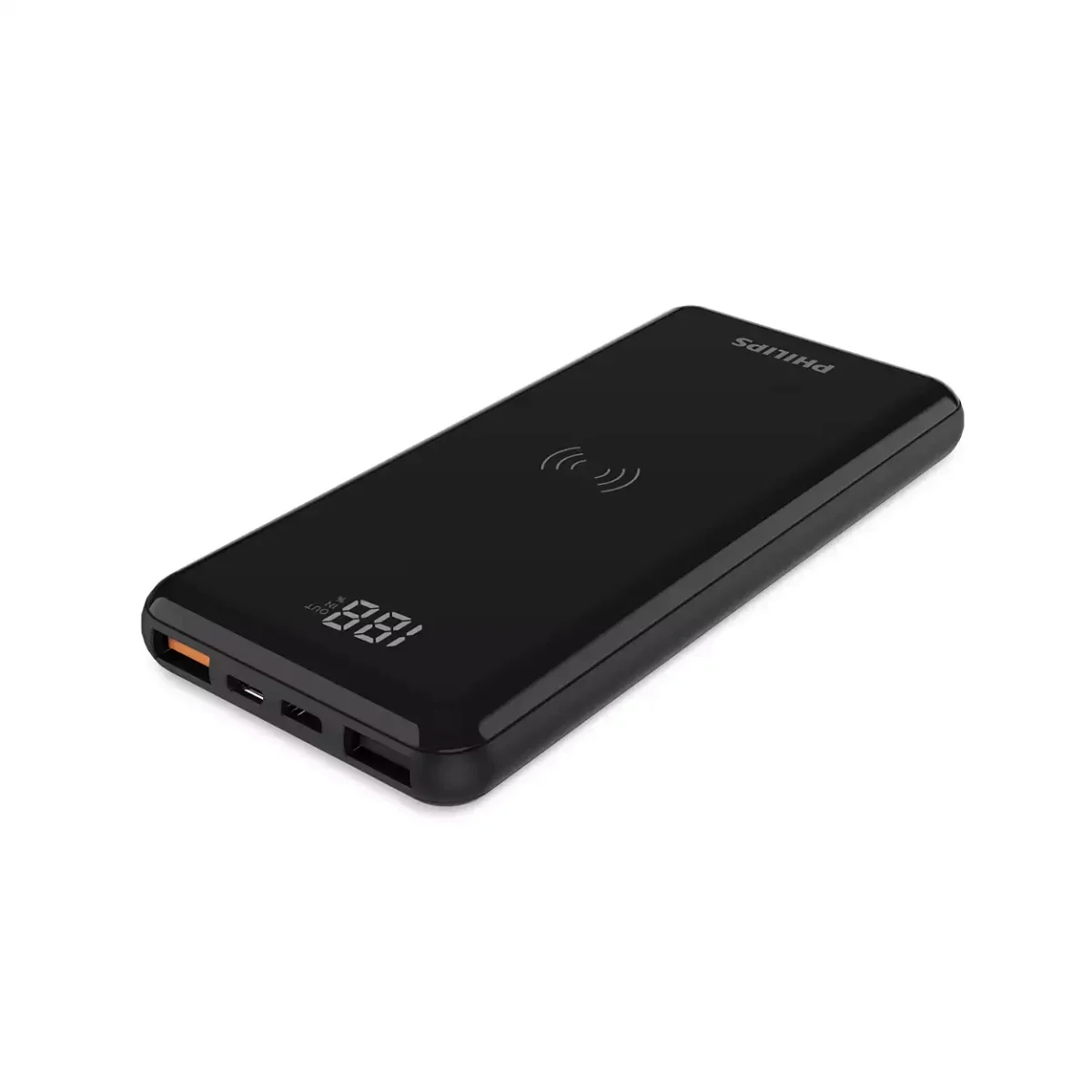 Philips Power bank com USB-C para celular e notebook: Power bank preto em fundo branco, com display digital, portas USB e área de carregamento sem fio na parte