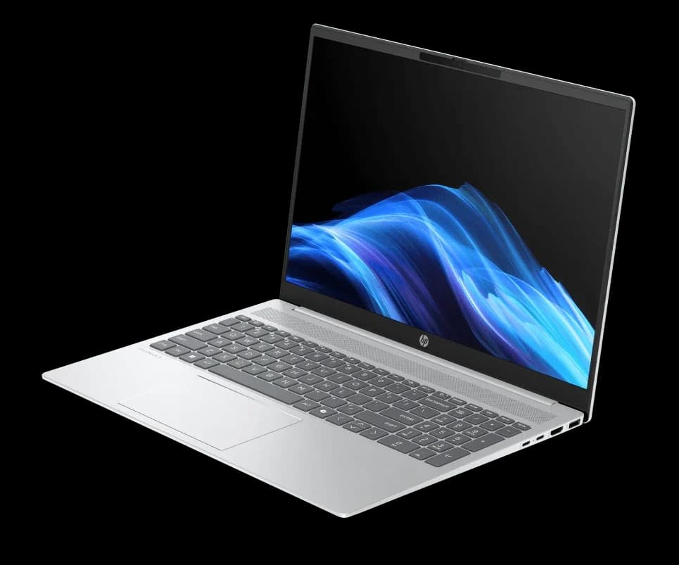 HP OmniBook 5: Notebook branco com tela escura mostrando padrão azul, visto em perspectiva 3D