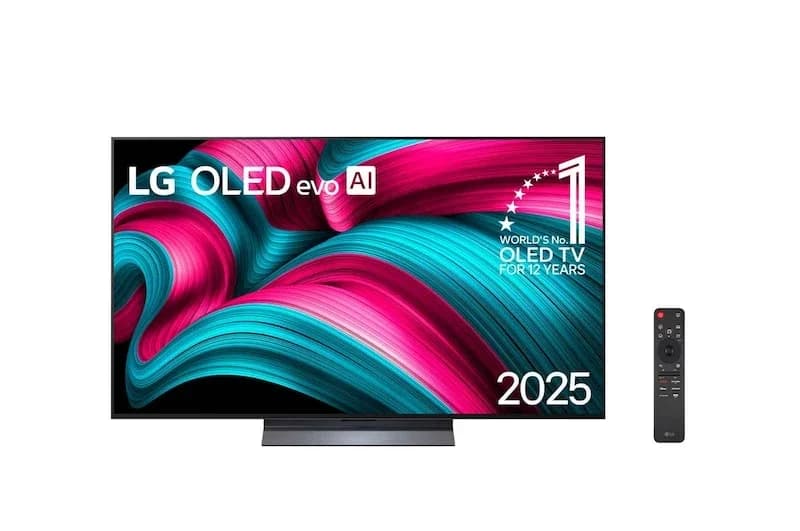 LG OLED evo C5: TV OLED de tela preta com ondas coloridas rosa e azul na tela, controle remoto ao lado, fundo branco