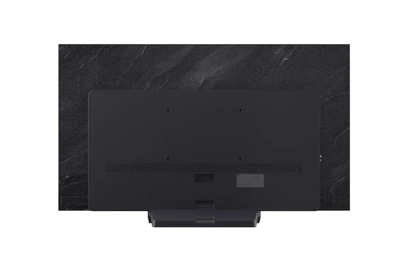 LG OLED evo C5: Traseira de TV preta com base central, vista de trás, em fundo branco.