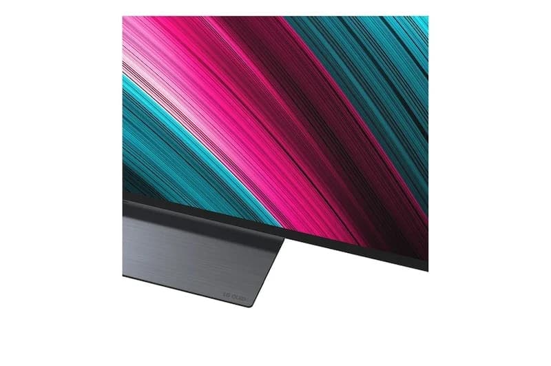 LG OLED evo C5: Detalhe da tela de TV com listras coloridas em rosa e azul-turquesa e base metálica escura.