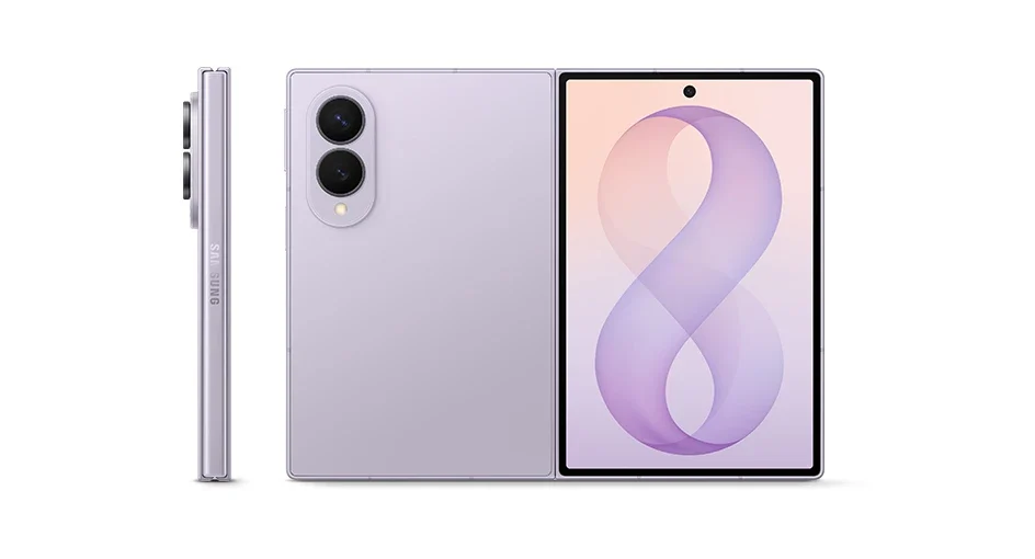 Samsung Galaxy Z Fold8: Dobrável lilás visto de frente fechado e de lado, com a tela aberta exibindo papel de parede em tons rosa e lilás