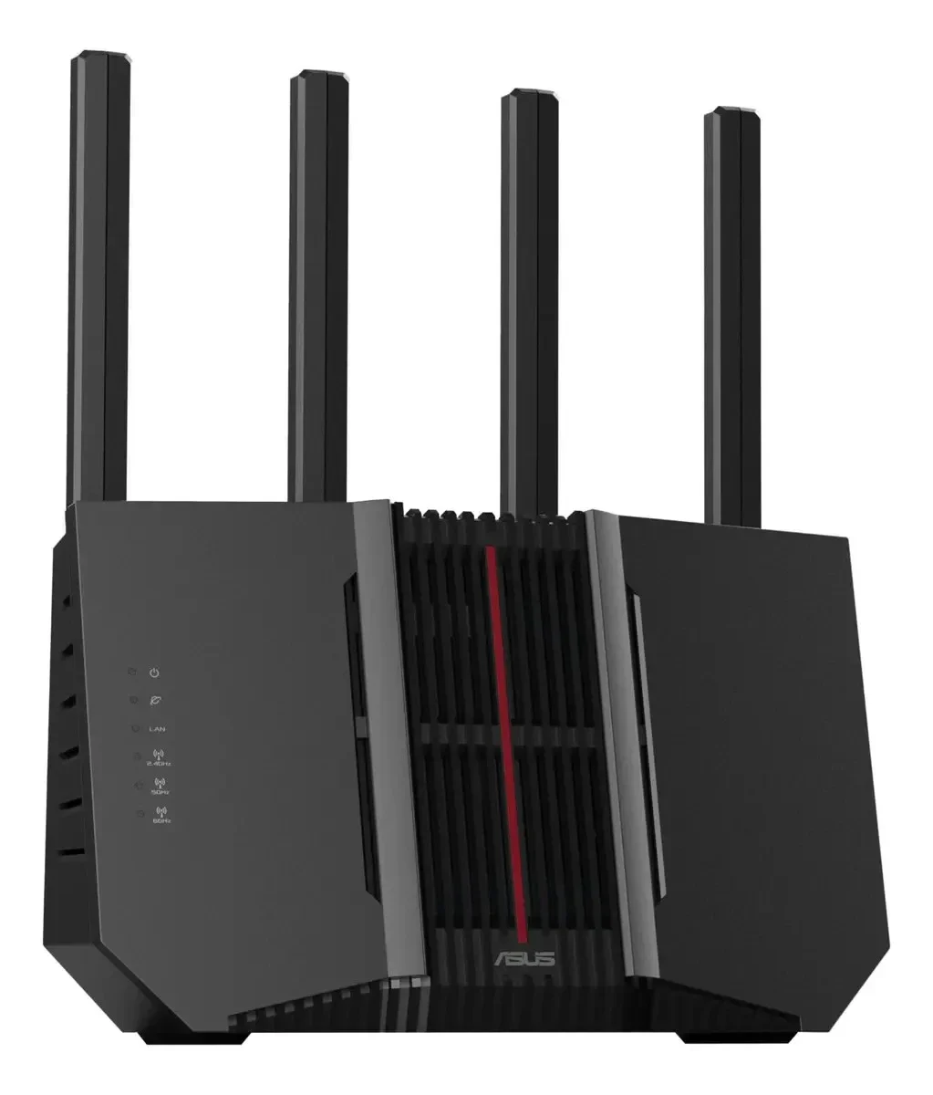 Asus roteador: Roteador Asus preto de quatro antenas e luzes frontais em vermelho, sobre fundo branco.