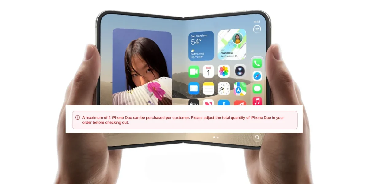 Apple iPhone Duo: Duas mãos segurando um celular dobrável aberto, com tela mostrando ícones e foto de uma mulher; aviso de compra de limite em vermelho.