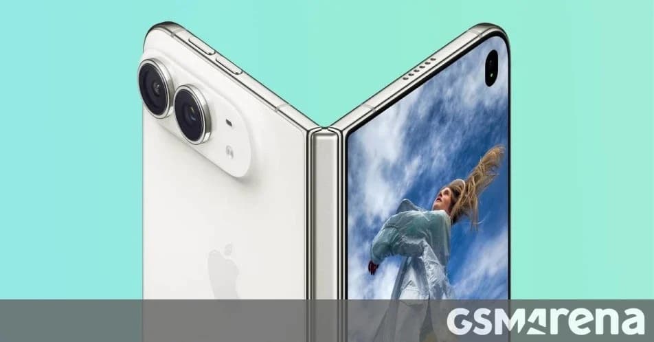 Apple iPhone Duo: Aparelho dobrável branco entreaberto sobre fundo verde-água, mostrando na tela uma mulher pulando contra o céu.