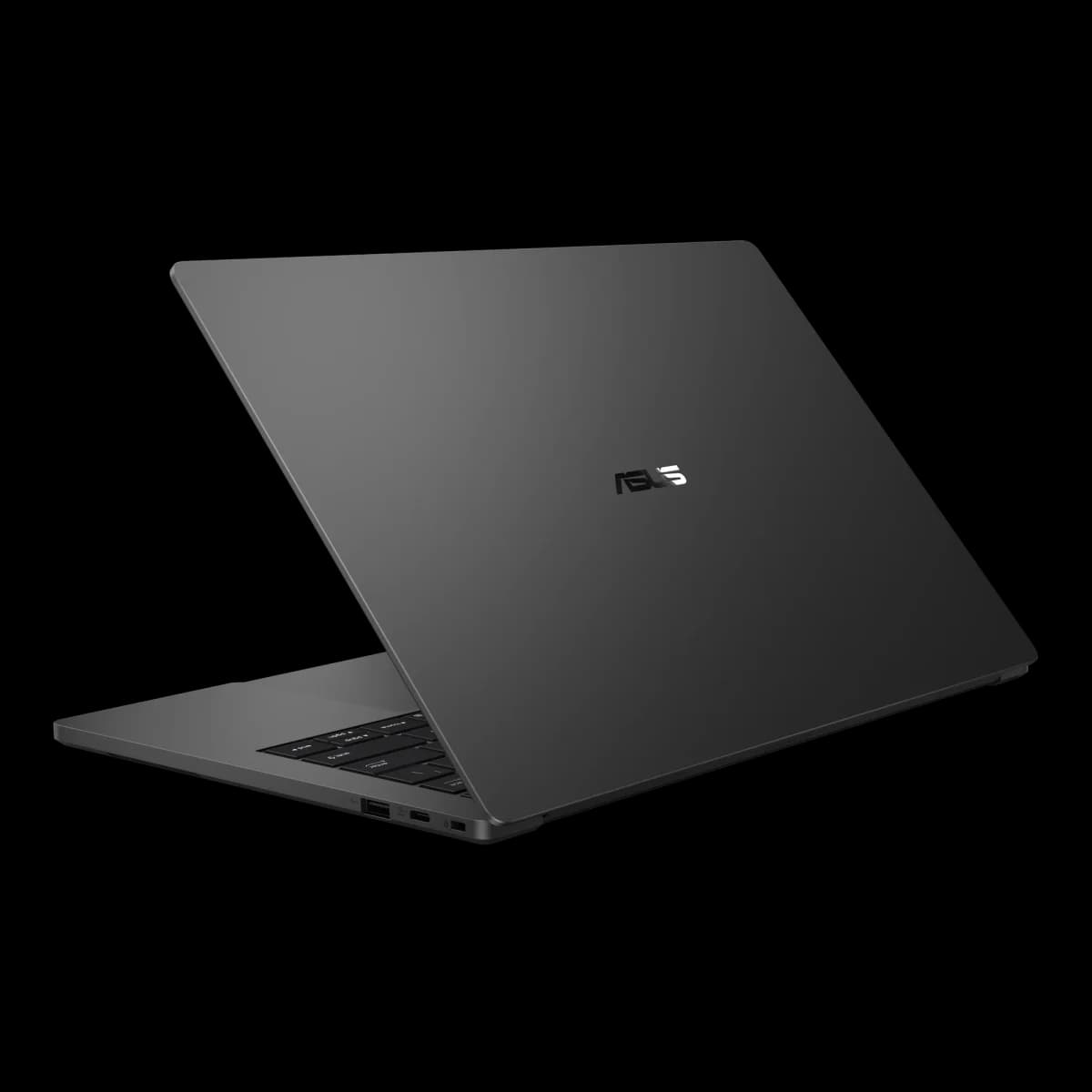 Asus ExpertBook A7: Notebook cinza-escuro visto de trás e de lado, com tampa fosca, logotipo Asus centralizado e portas laterais, sobre fundo cinza-claro.