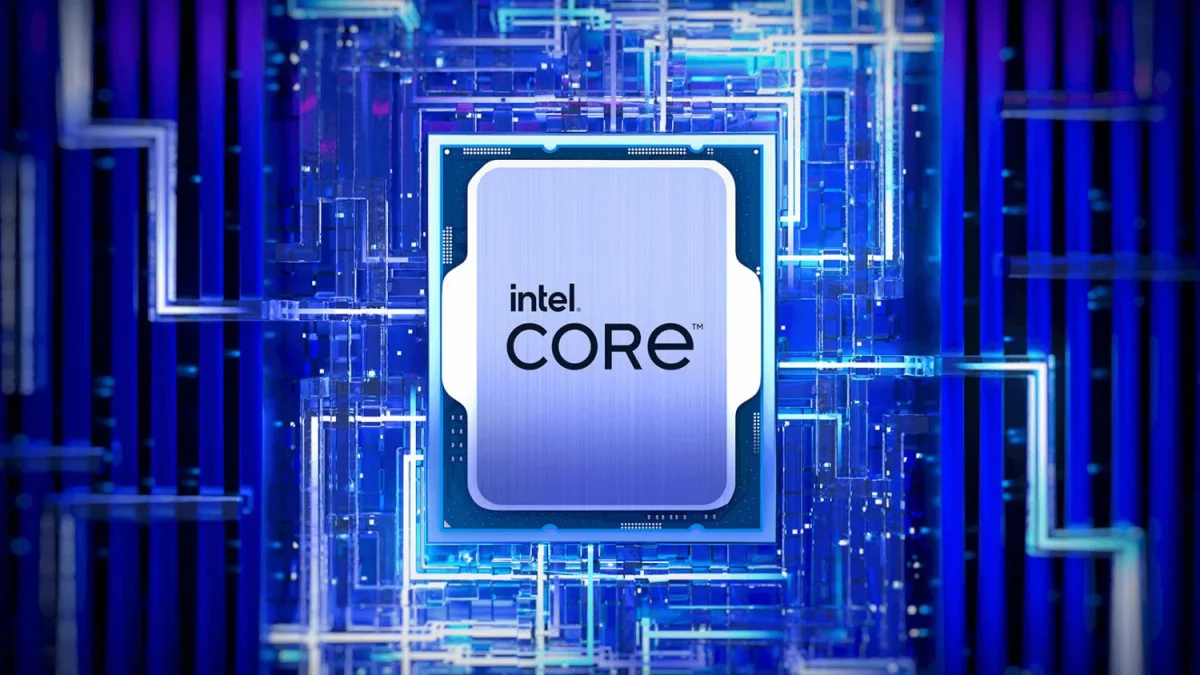 Intel soquete LGA1700 com memória DDR4: Render de processador Intel Core no centro de um fundo azul com circuitos eletrônicos desenhados ao redor