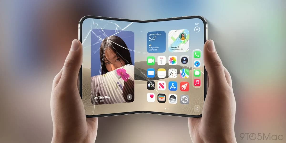 Apple iPhone Duo: Render de celular dobrável aberto, segurado por duas mãos, com a tela mostrando ícones de apps e uma foto com vidro trincado.