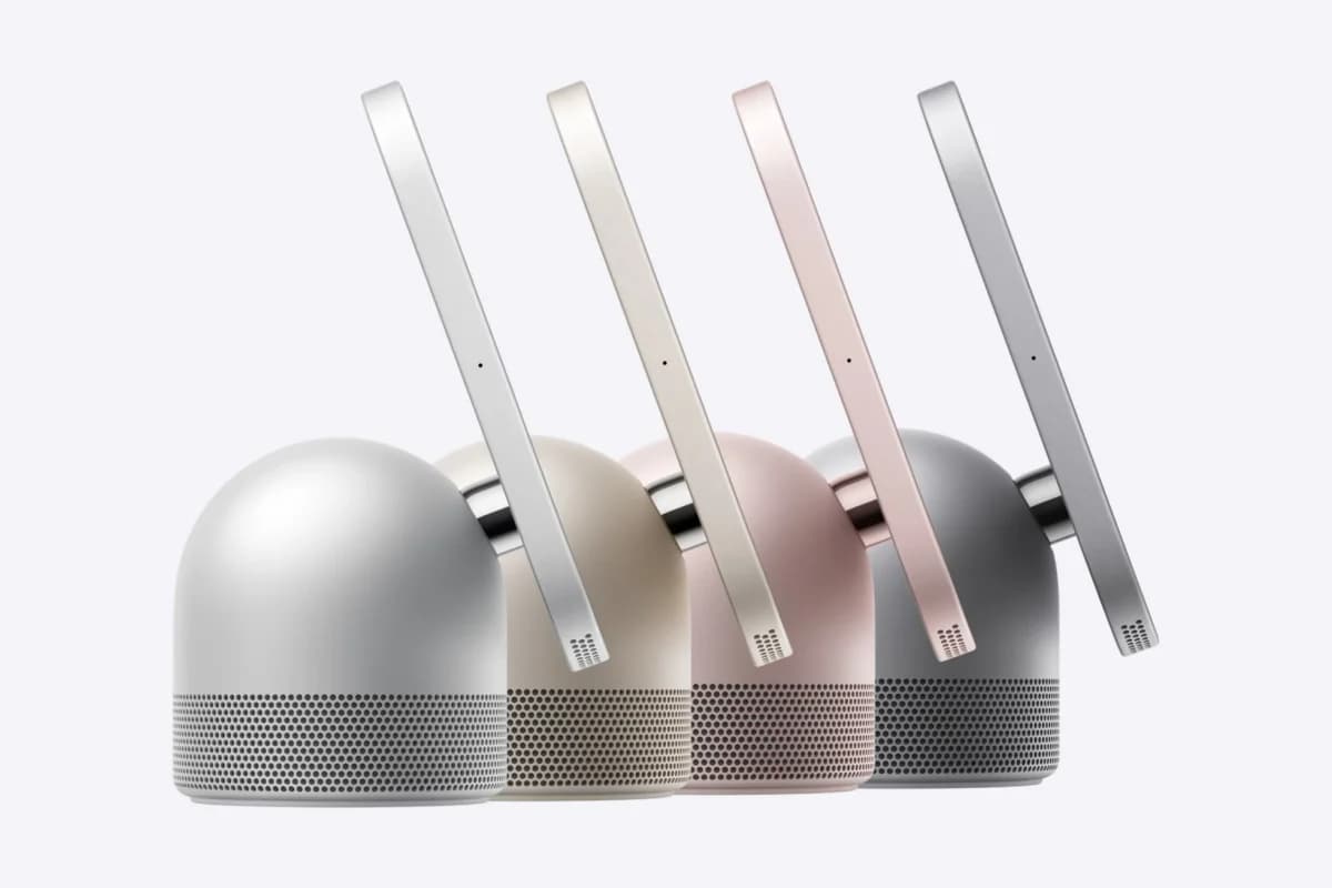 Apple HomeView: Quatro unidades do aparelho em fundo cinza-claro, nas cores prata, champanhe, rosé e grafite, com a tela estreita e inclinada para cima e base e
