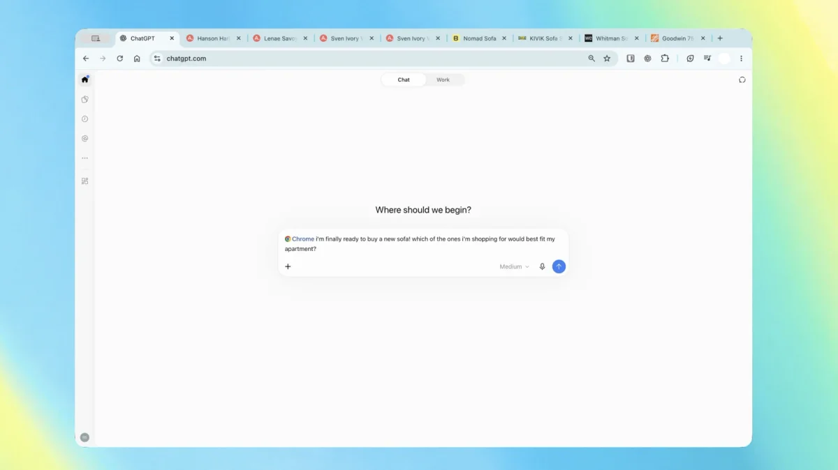 OpenAI Google Chrome com chatgpt.com aberto: Captura de janela do navegador com várias abas abertas e a página do chatgpt.com em destaque, sobre fundo azul e am