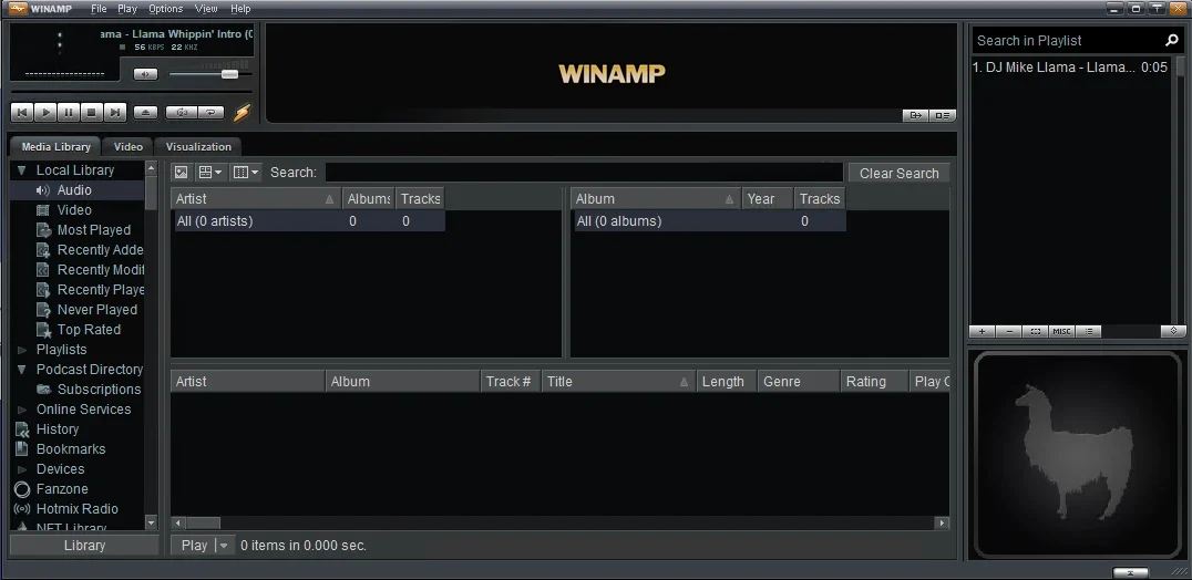Winamp Winamp, player de áudio da Nullsoft: Janela principal do Winamp com biblioteca de mídia, logotipo dourado e a ilustração de uma lhama em cinza.