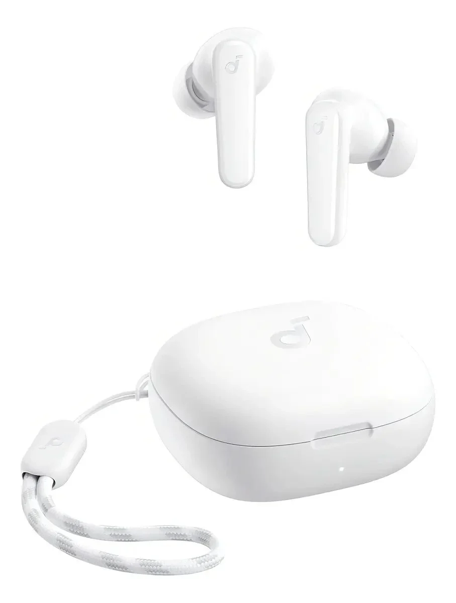Soundcore by Anker P20i: Par de fones de ouvido sem fio brancos com case de carregamento e alça de pulso, em fundo branco, vista de cima e lateral.