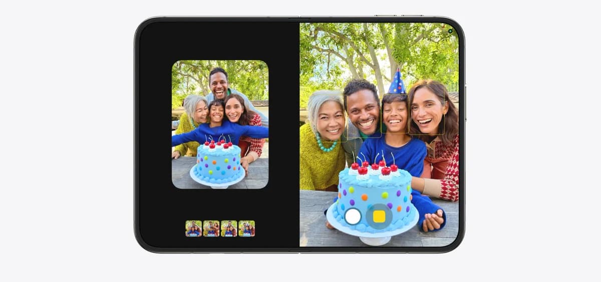 Apple iPhone Duo: à esquerda a visualização de uma foto de família com bolo, à direita a câmera em uso