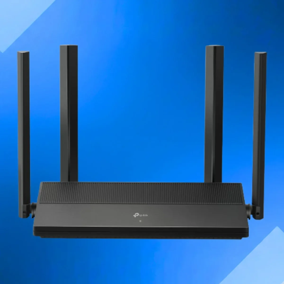 TP-Link EX3000: Roteador Wi-Fi preto com quatro antenas vistas de frente, sobre fundo degradê azul, com logotipo TP-Link na carcaça.