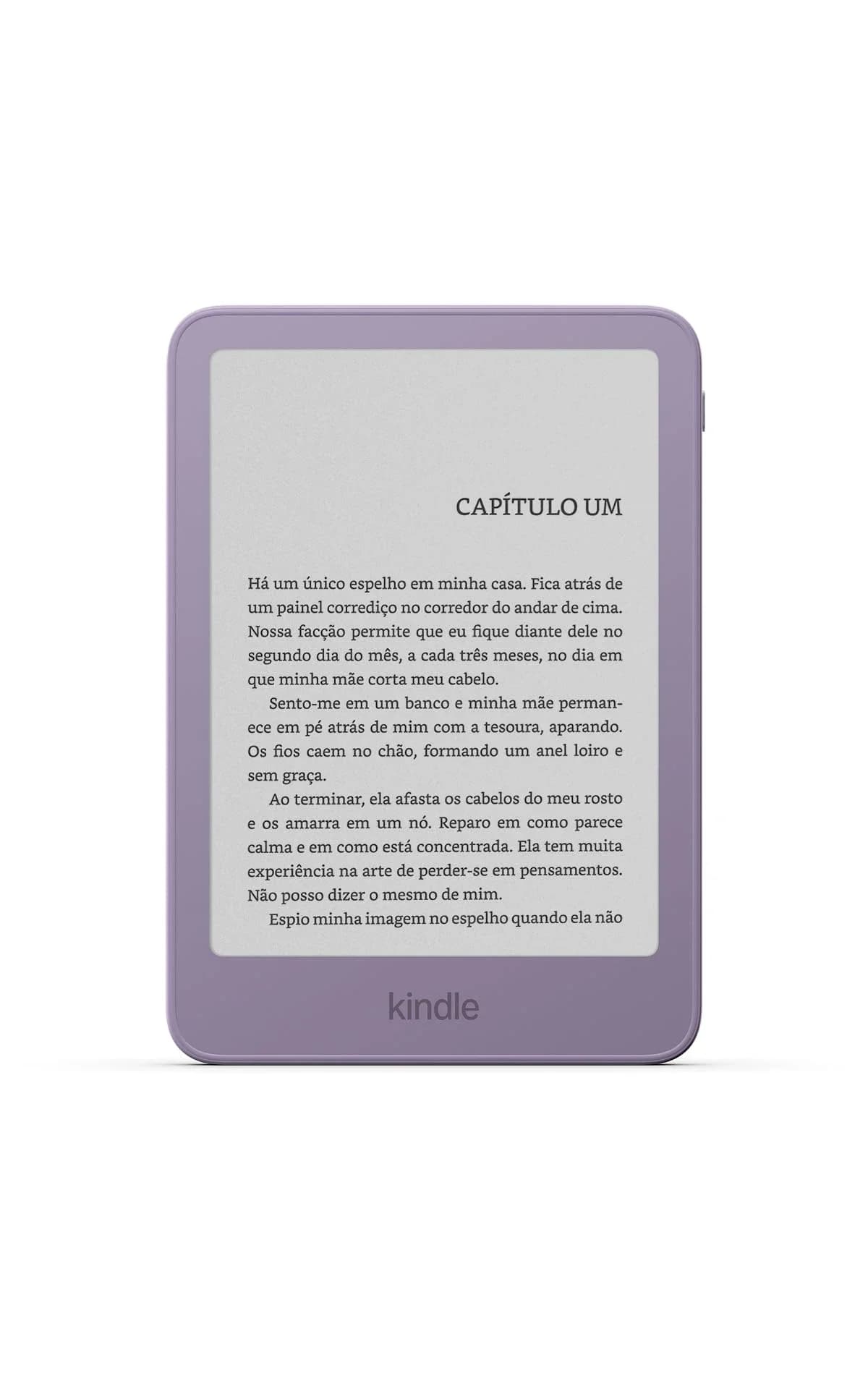Amazon Kindle de entrada 2026: Leitor Kindle na cor lilás, de frente, com página de texto na tela, em fundo branco.