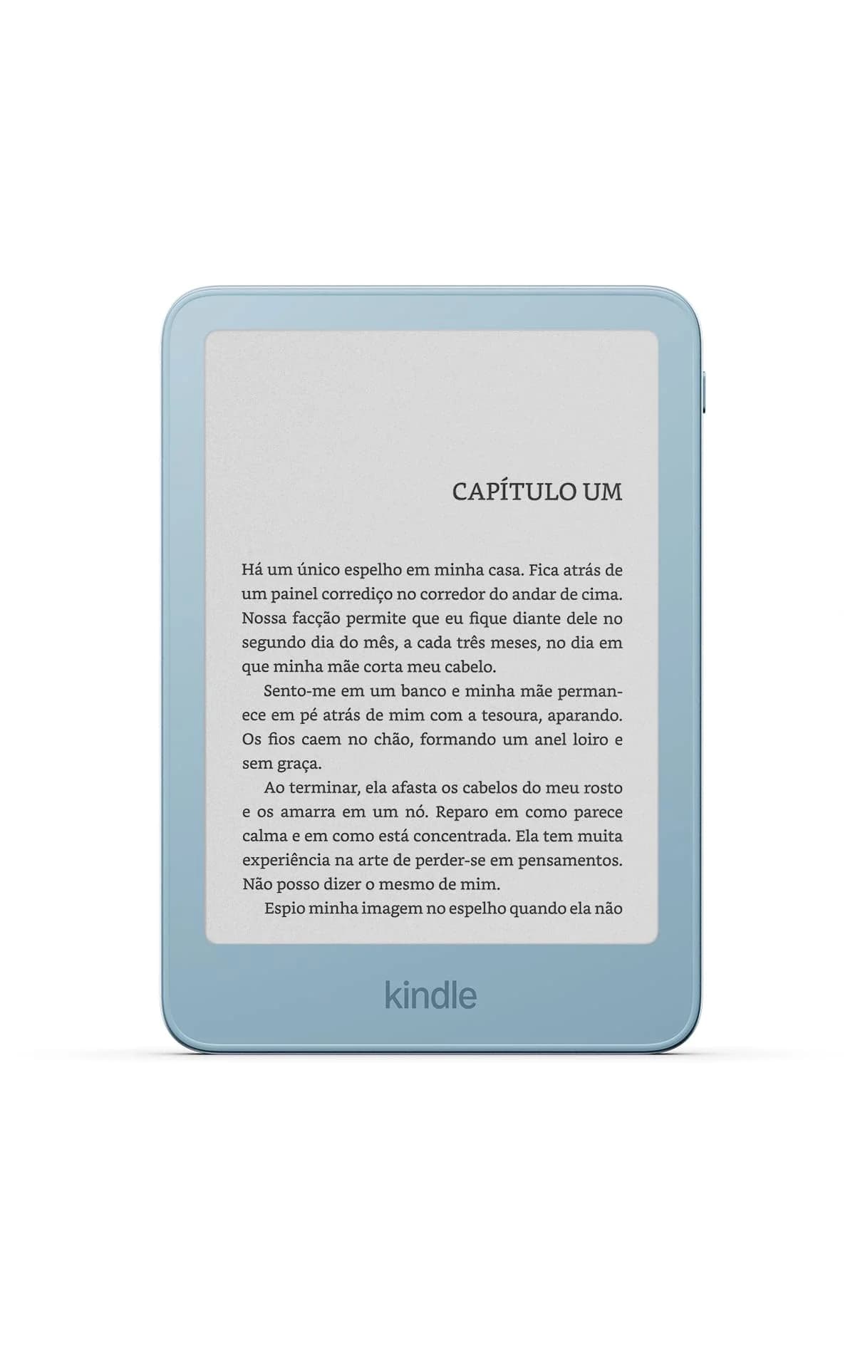 Amazon Kindle de entrada 2026: Leitor Kindle na cor azul claro, de frente, com página de texto na tela, em fundo branco.