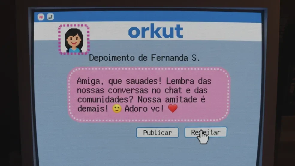 orkut Orkut e MSN Messenger: Tela de computador antigo exibindo o Orkut com um depoimento de amiga em balão rosa e botões Publicar e Rejeitar