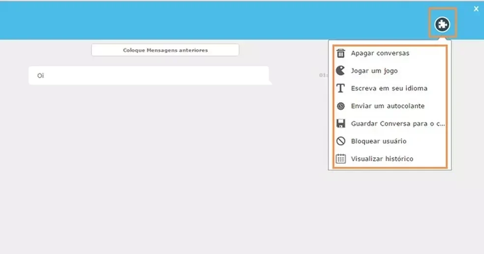 Orkut e MSN Messenger: Captura de tela de janela de conversa de chat com menu de opções aberto destacado em laranja