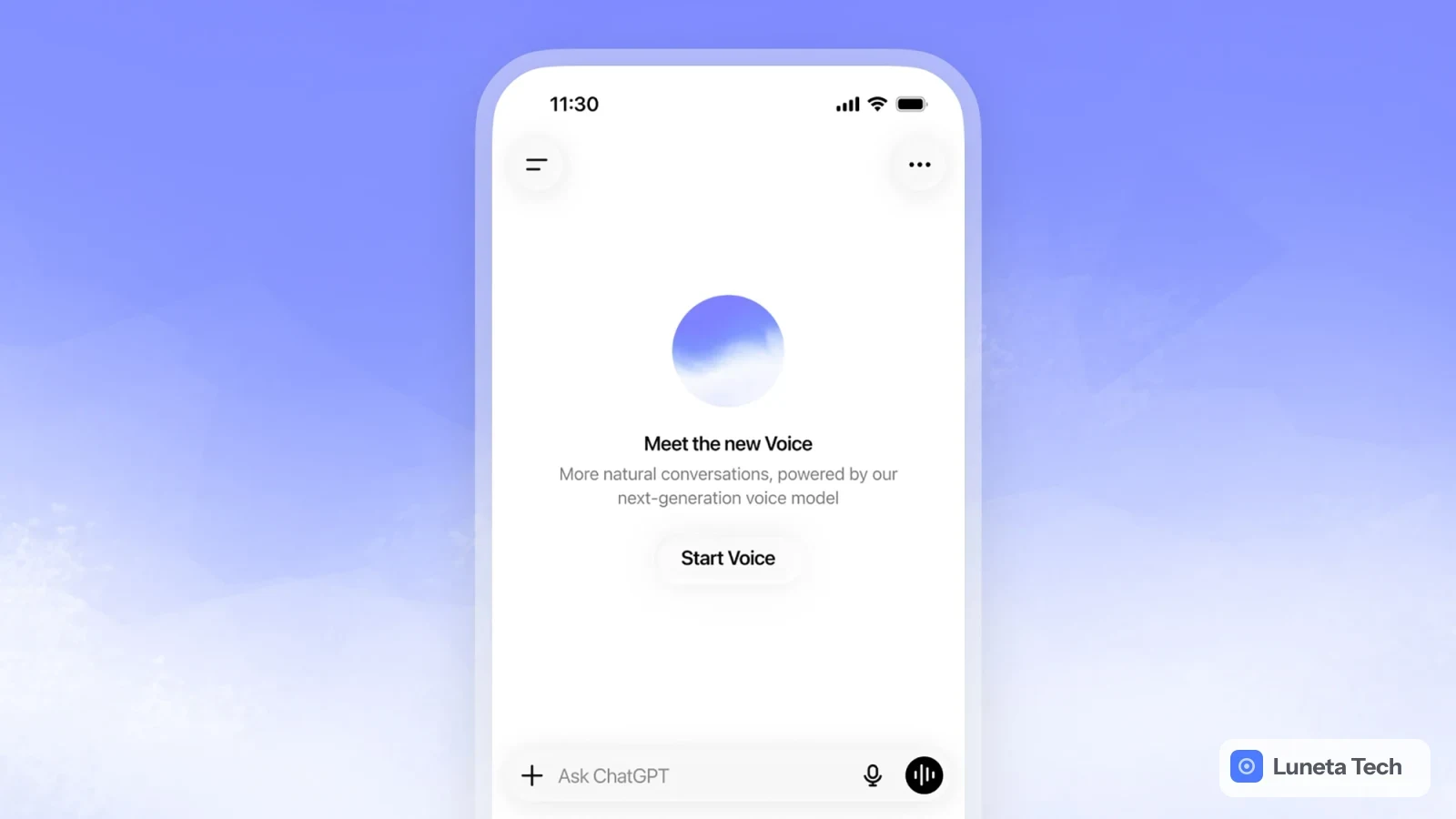 OpenAI ChatGPT: Render de smartphone em fundo azul gradiente, tela exibindo interface Voice com ícone circular azul